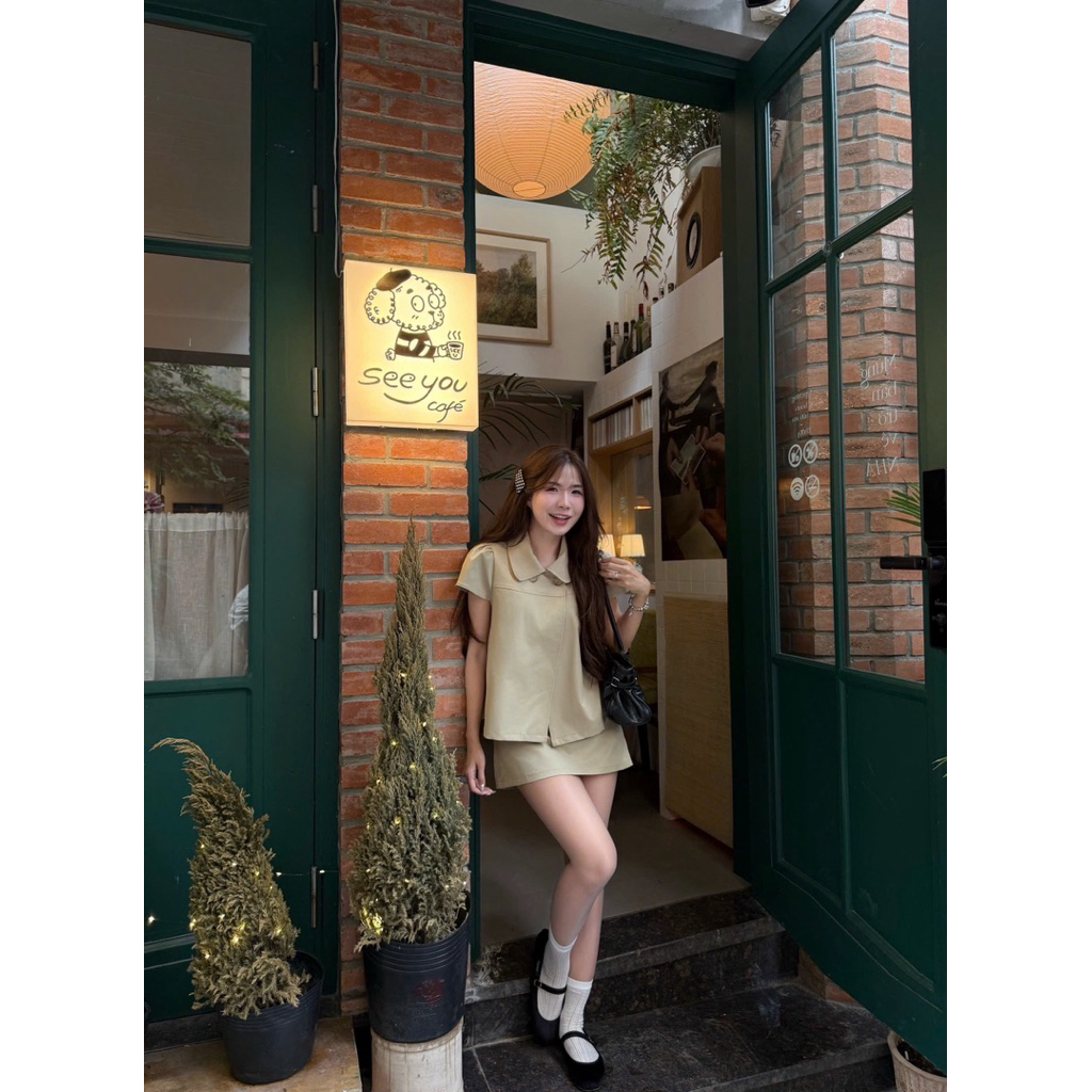 Set 2 món kaki áo cổ sen 2 cúc kèm chân váy đồng màu Nữ the.sweaterweather TSW (CÓ SẴN)