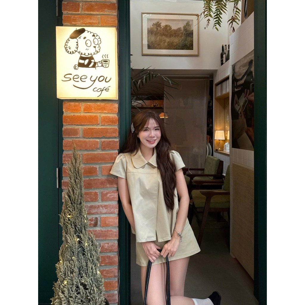 Set 2 món kaki áo cổ sen 2 cúc kèm chân váy đồng màu Nữ the.sweaterweather TSW (CÓ SẴN)