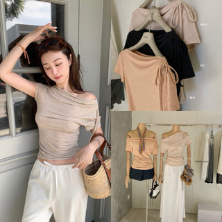 𝐏𝐡𝐢𝐞𝐧 𝐖𝐆𝐖𝐄 | (Sẵn) w9042 Áo Thun Cotton Lệch Vai May Nhún