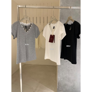 𝐏𝐡𝐢𝐞𝐧 𝐖𝐆𝐖𝐄 | (Sẵn) w8905 Áo Thun Cổ Tim Viền Ren Cộc Tay Form Vừa Vặn