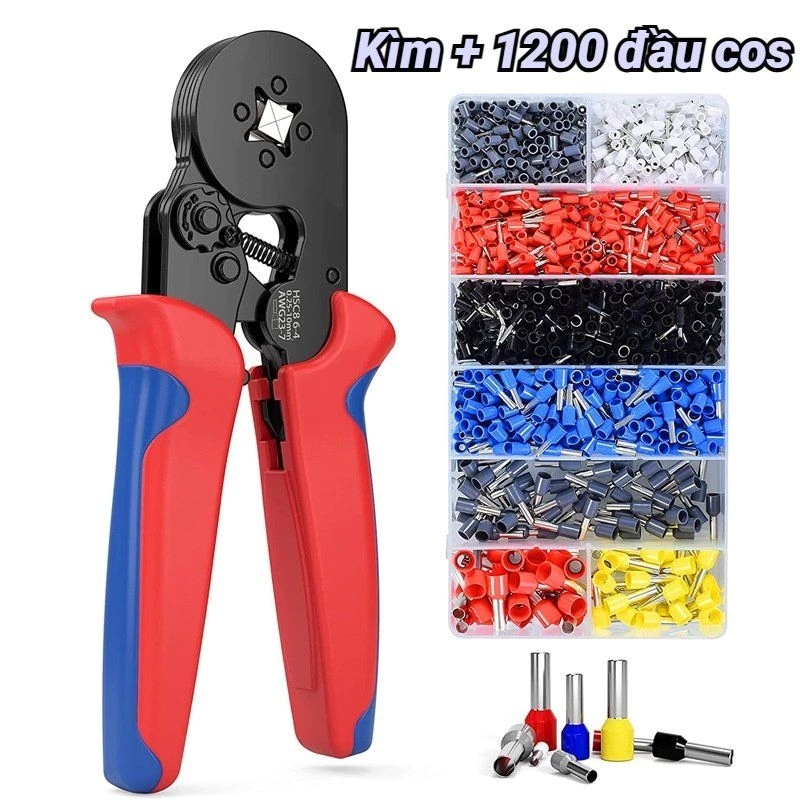 .Kìm bấm cos vuông HSC8 6-4A tự động điều chỉnh, đi kèm 1250 đầu cos cho nhiều loại cos ống tròn, pin ntt95