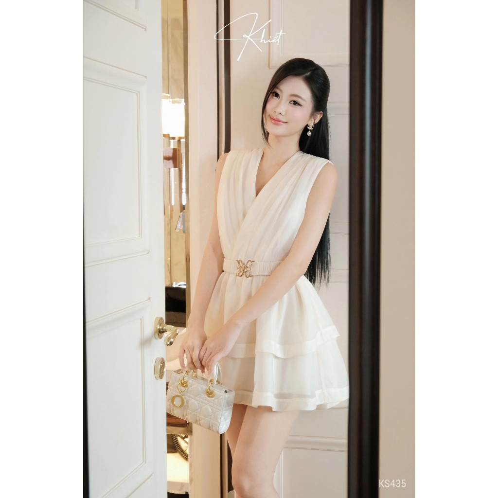 Set đầm tơ oganza phối tầng bay bổng kèm belt ánh kim sang trọng phong cách tiệc nhẹ KS435