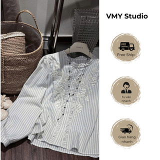 VMY Studio - Áo sơ mi bánh bèo dài tay tiểu thứ QCCC nữ, áo bánh bèo nữ cổ bèo thêu ren họa tiết hoa siêu xinh nữ