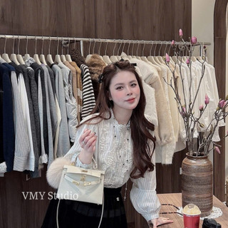 VMY Studio - Áo sơ mi bánh bèo dài tay tiểu thứ QCCC nữ, áo bánh bèo nữ cổ bèo thêu ren họa tiết hoa siêu xinh nữ