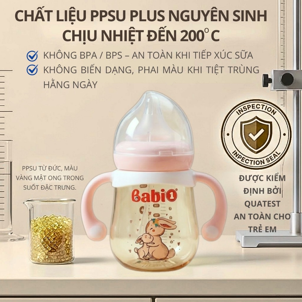 Bình Sữa Babi1 PPSU Plus 180ml Cổ Rộng (Tặng 2 Núm Ty) Có Tay Cầm Núm Y Khoa Chống Sặc Chính Hãng