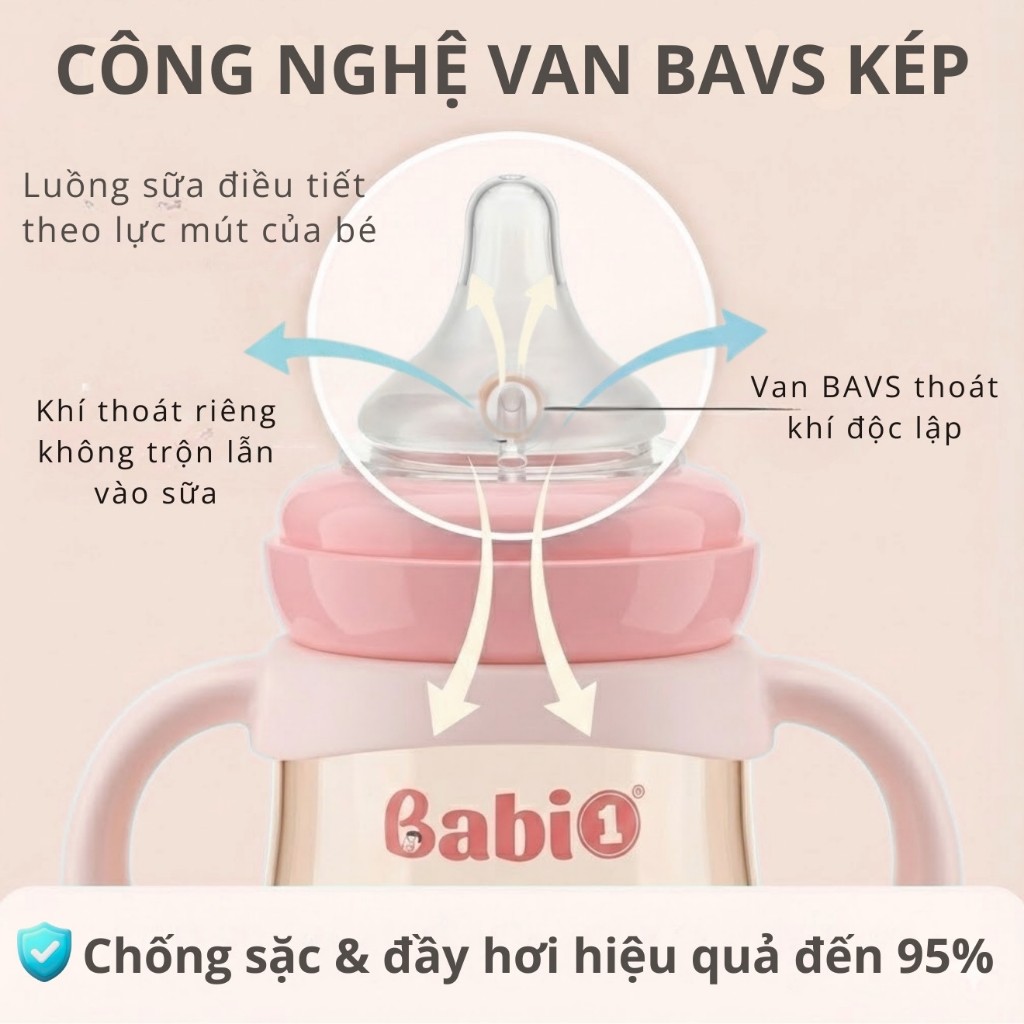 Bình Sữa Babi1 PPSU Plus 180ml Cổ Rộng (Tặng 2 Núm Ty) Có Tay Cầm Núm Y Khoa Chống Sặc Chính Hãng