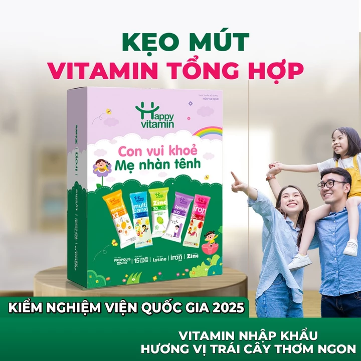 Hộp kẹo Vitamin Tổng Hợp - Happy Vitamin - Bổ sung Sắt, Kẽm, Canxi, Lysine, Keo Ong Cát cánh Lê Gừng - Date Mới Nhất – 2