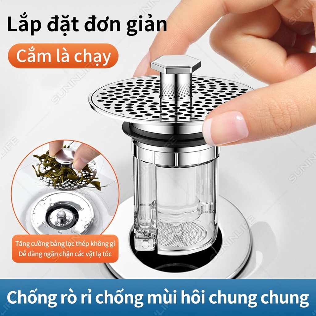 Nút Nhấn Xả Lavabo Ngăn Mùi Hôi Chống Côn Trùng Mặt Inox Bóng Lọc Rác Chống Tắc Phù Hợp Lỗ 33–40mm