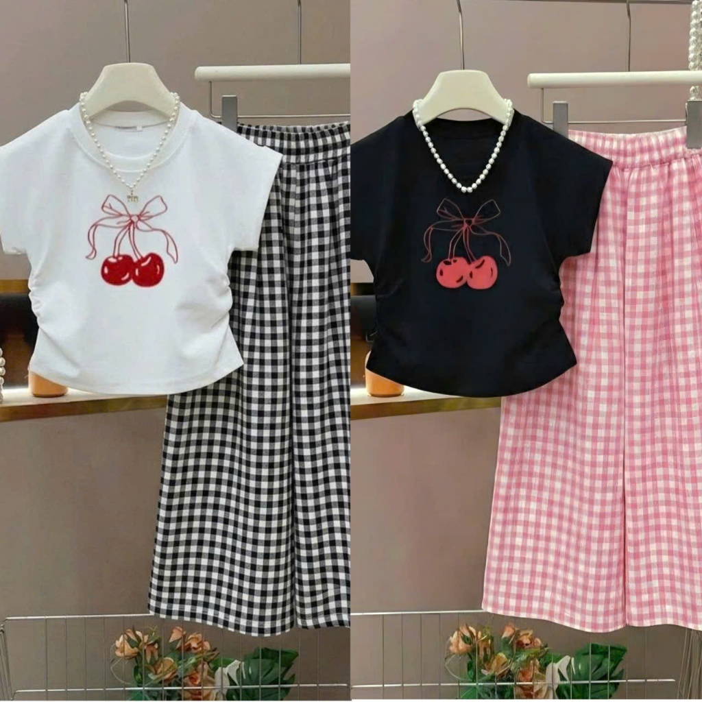 4-15 tuổi,Bộ đồ xinh cho bé gái áo in quả cherry phối quần kẻ ống xuông,chất vải cotton.M63
