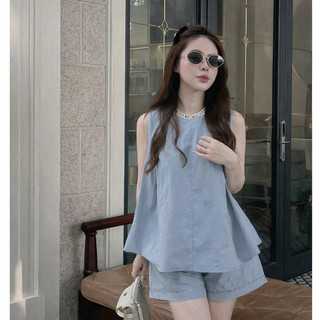 Set áo thô nến phối cổ hoạ tiết kèm quần sooc cạp chun LAVIAN S55