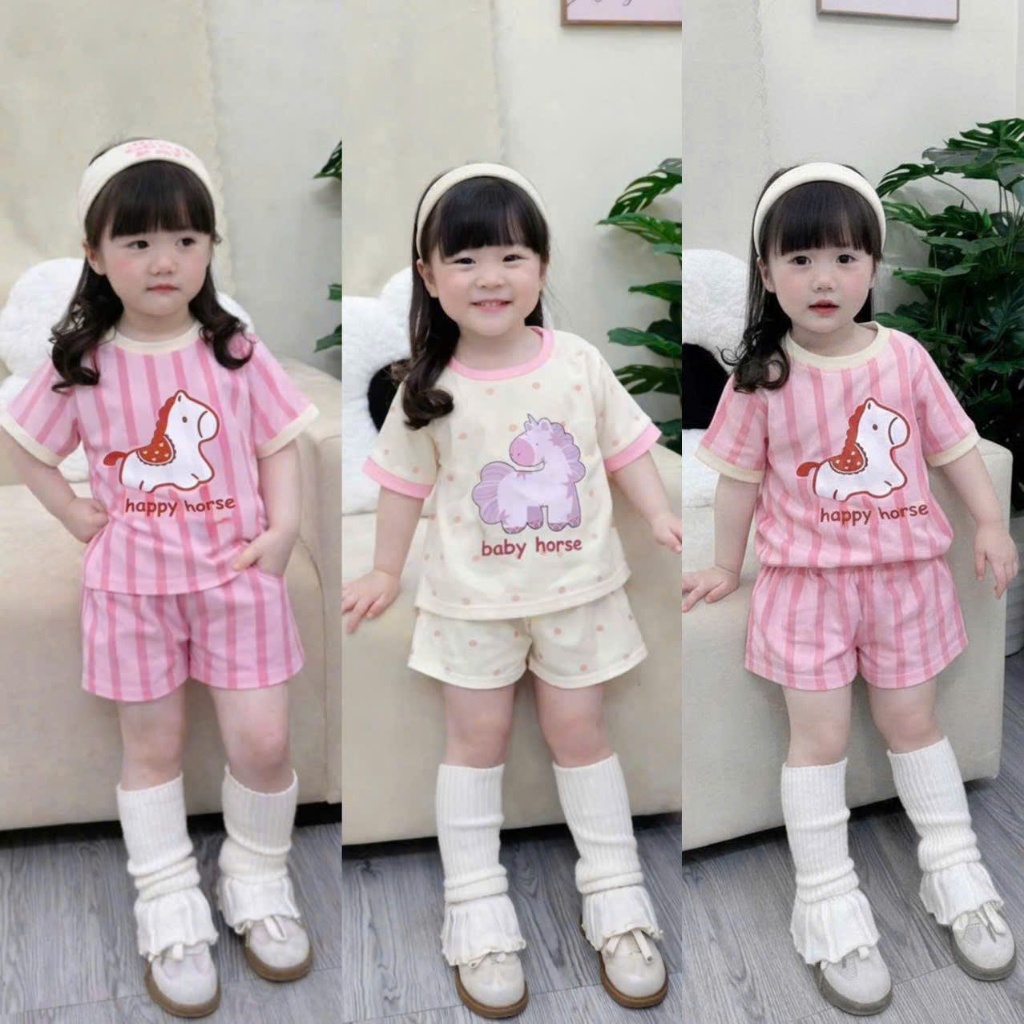 Set Bộ Cộc Tay Bé Gái ( Hoạ Tiết Happy Horse ) Dành Cho Bé Gái 9-35kg Chất Liệu Cotton Mềm Mịn Thoáng Mát Ms 009