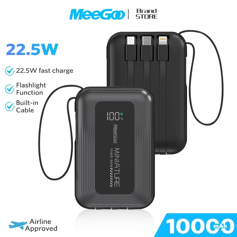 Cục Sạc Dự Phòng 10000mah Mini Không Dây MeeGoo,Sạc Dựng Phòng 4 Cáp Sạc Nhanh Có Màn Hình Led