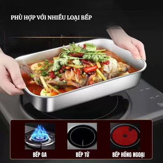 Khay inox đa năng có nắp đậy – dùng để bảo quản và chế biến thực phẩm như thịt nướng, cá hấp/nướng, nấu canh, làm bánh…