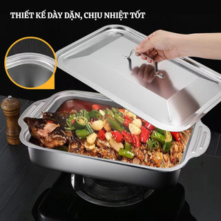Khay inox đa năng có nắp đậy – dùng để bảo quản và chế biến thực phẩm như thịt nướng, cá hấp/nướng, nấu canh, làm bánh…