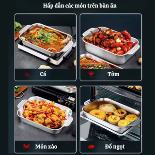 Khay inox đa năng có nắp đậy – dùng để bảo quản và chế biến thực phẩm như thịt nướng, cá hấp/nướng, nấu canh, làm bánh…