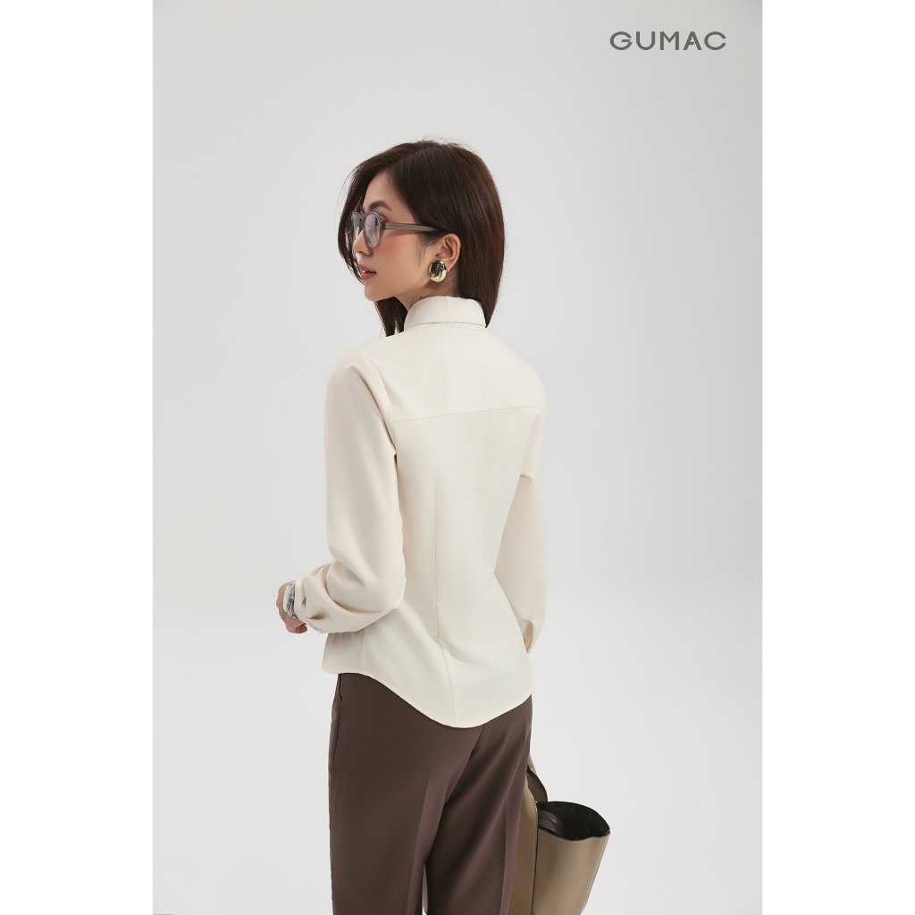 Áo sơ mi nữ form ôm vừa GUMAC đính nút xà cừ lai cong lượn tay dài có bo nẹp cửa tay AG03004