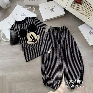 Set Bộ Đồ Nữ Kẻ Ngang Thêu Mickey Lông Nổi Áo Ngắn Tay Phối Viền Cổ Mix Quần Jogger Ống Rộng Bo Chun Gấu