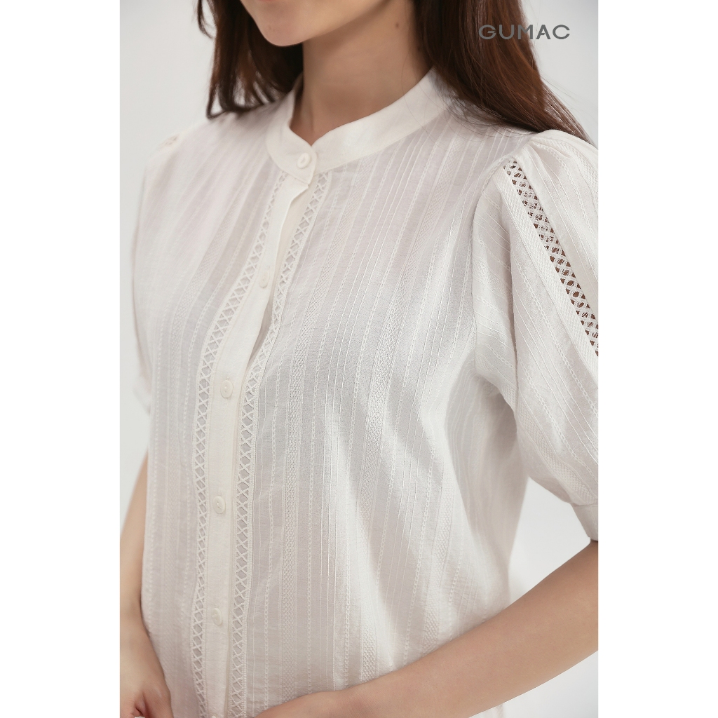 Áo kiểu form suông GUMAC tay lửng cổ trụ nẹp nút và tay áo phối viền ren AG01005