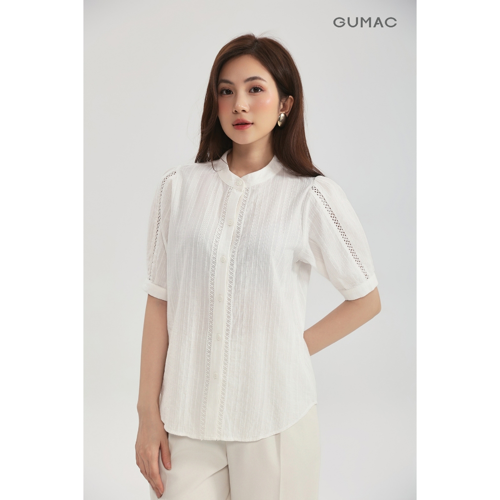 Áo kiểu form suông GUMAC tay lửng cổ trụ nẹp nút và tay áo phối viền ren AG01005