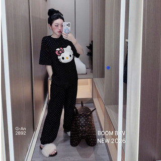 Set Bộ Đồ Mì Xốp Chấm Bi Thêu Mặt Hello Kitty Xù Nổi Áo Ngắn Tay Mix Quần Suông Dài Ống Rộng