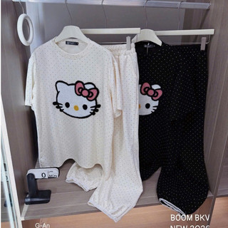 Set Bộ Đồ Mì Xốp Chấm Bi Thêu Mặt Hello Kitty Xù Nổi Áo Ngắn Tay Mix Quần Suông Dài Ống Rộng
