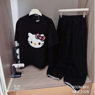 Set Bộ Đồ Mì Xốp Chấm Bi Thêu Mặt Hello Kitty Xù Nổi Áo Ngắn Tay Mix Quần Suông Dài Ống Rộng