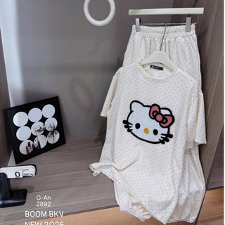 Set Bộ Đồ Mì Xốp Chấm Bi Thêu Mặt Hello Kitty Xù Nổi Áo Ngắn Tay Mix Quần Suông Dài Ống Rộng