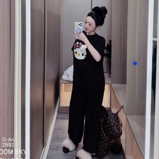 Set Bộ Đồ Mì Xốp Chấm Bi Thêu Mặt Hello Kitty Xù Nổi Áo Ngắn Tay Mix Quần Suông Dài Ống Rộng