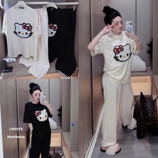 Set Bộ Đồ Mì Xốp Chấm Bi Thêu Mặt Hello Kitty Xù Nổi Áo Ngắn Tay Mix Quần Suông Dài Ống Rộng