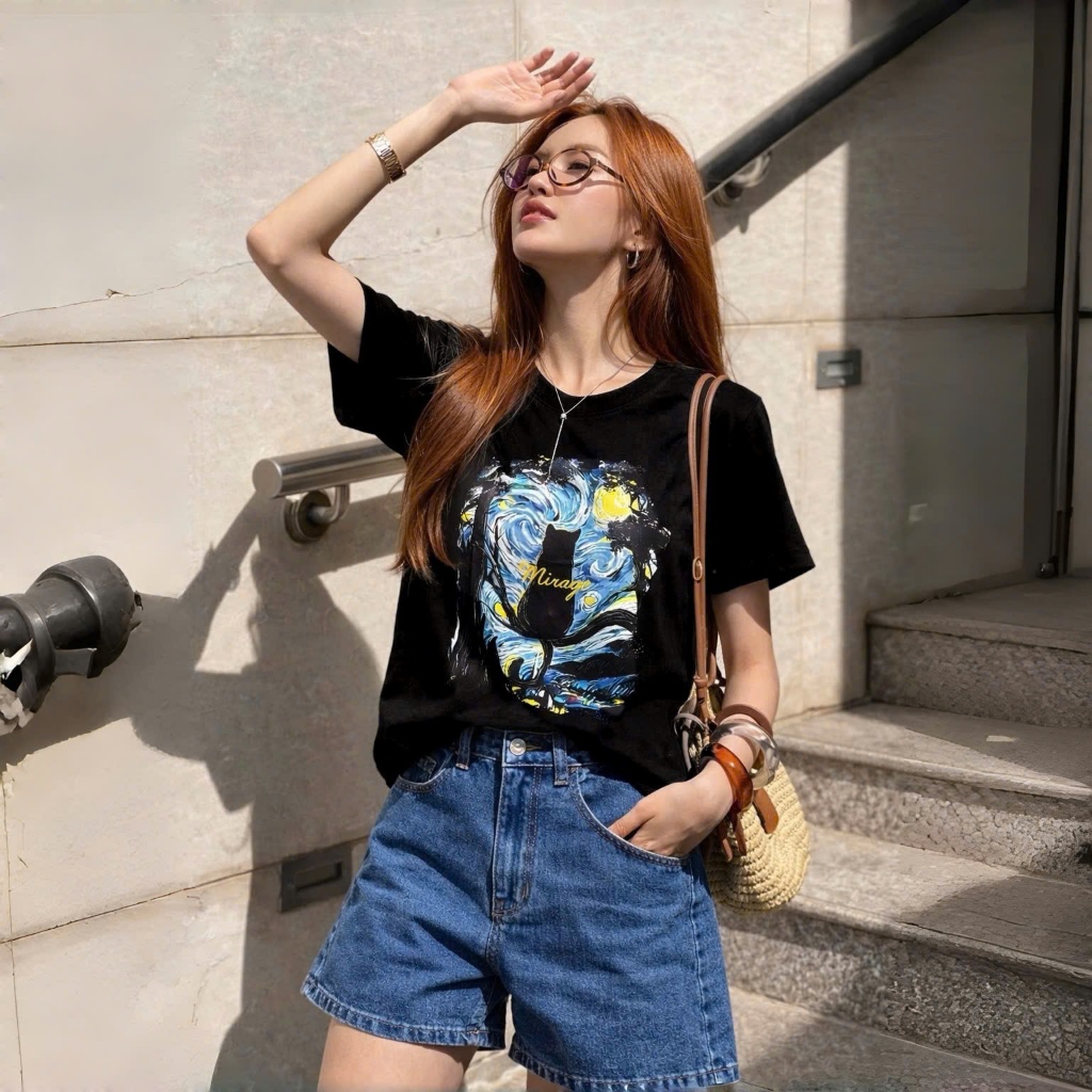 Áo Thun Mirage Bức Tranh Mèo Local Brand Chất 100% Cotton Mềm Mịn Thoáng Mát.