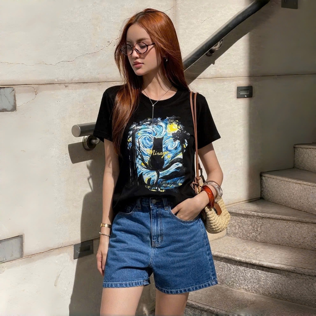 Áo Thun Mirage Bức Tranh Mèo Local Brand Chất 100% Cotton Mềm Mịn Thoáng Mát.