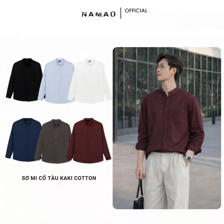 Áo sơ mi nam Namad cổ Tàu dài tay, Kaki cotton thấm hút mồ hôi, Form rộng K007