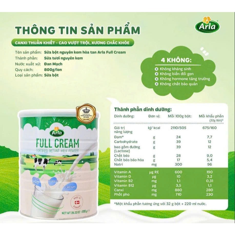 Sữa Bột Nguyên Kem Arla Full Cream 800g Lựa Chọn Dinh Dưỡng Cho Gia Đình | Babymall & Care
