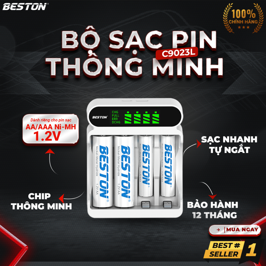 Bộ Sạc 4 pin AA AAA Beston C9023L, mẩu mới sạc nhanh,tự ngắt khi đầy, đèn báo thông minh, dùng cho micro ,remote