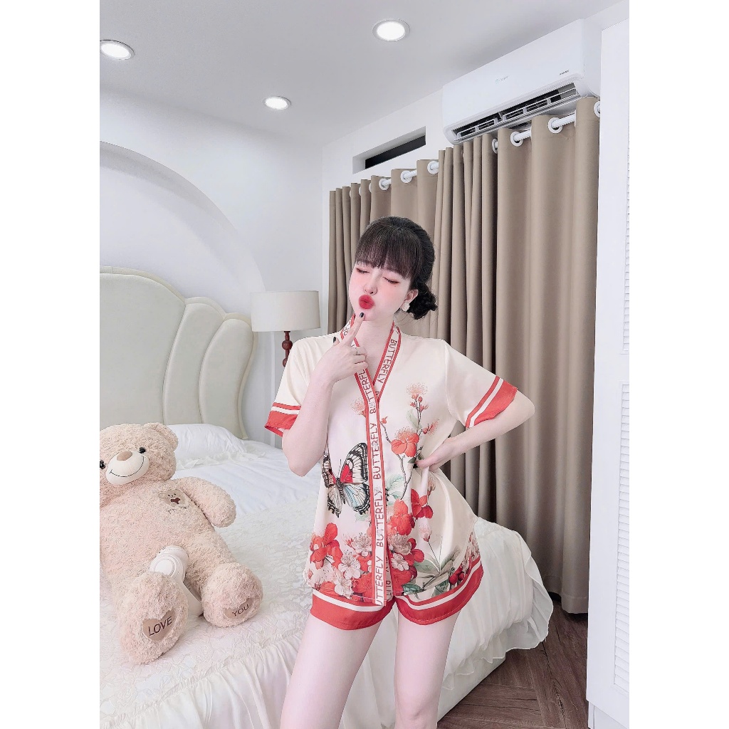 Bộ nữ ngắn Vy Linh chất liệu lụa latin cổ Y thoáng mát thấm hút mồ hôi tốt, bề mặt vải mịn mát S1103 3D