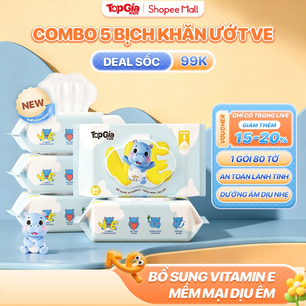 Thùng khăn ướt cao cấp cho bé Vitamin E Topgiakids 80 tờ, bổ sung tinh chất Vitamin E dưỡng ẩm dịu êm