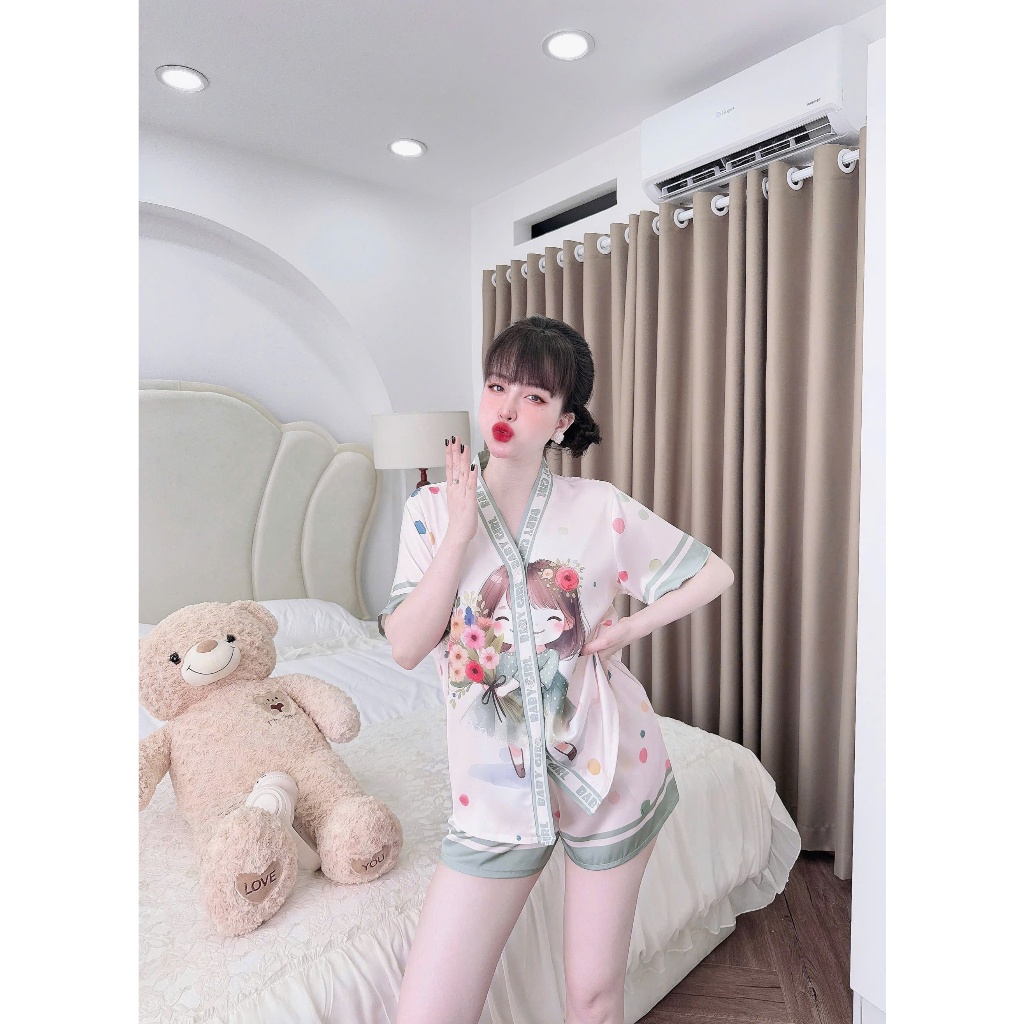 Bộ nữ ngắn Vy Linh chất liệu lụa latin cổ Y thoáng mát thấm hút mồ hôi tốt, bề mặt vải mịn mát S1103 3D