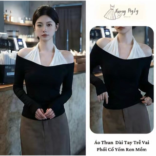 Áo Thun Đen Kiểu Trễ Vai Phối Cổ Yếm Ren Mềm - Dáng Ôm Tôn Dáng NU