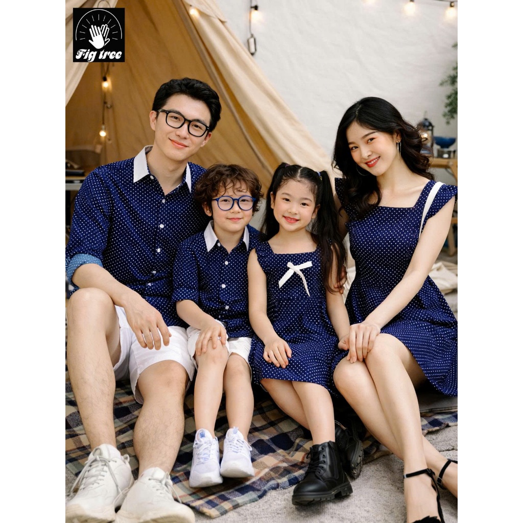 Set Đồ Gia Đình Fig Tree Chấm Bi Xanh, Chất Cotton Mềm Mịn, Gia Đình Đi Tiệc, Đi Chơi,  Mã 162