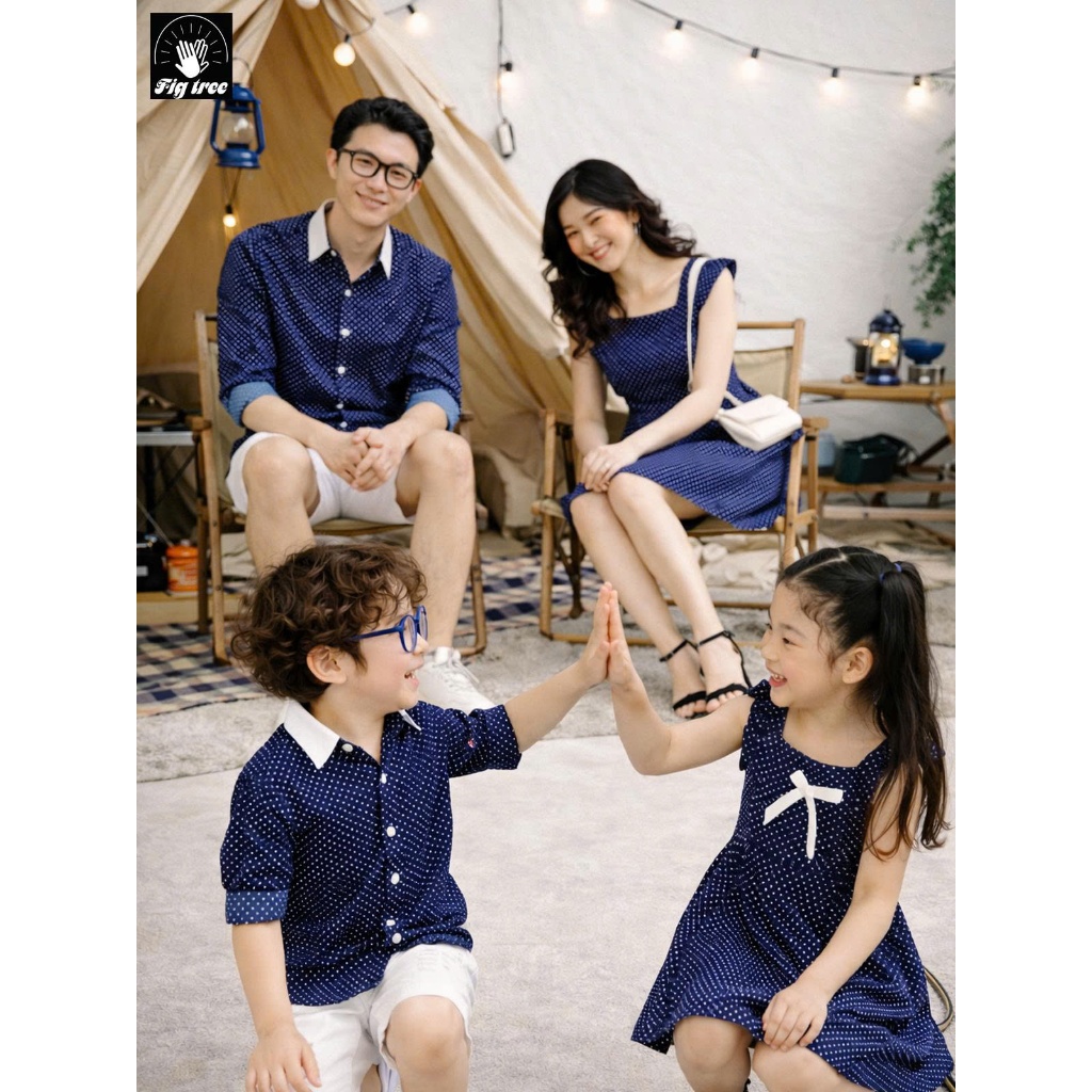 Set Đồ Gia Đình Fig Tree Chấm Bi Xanh, Chất Cotton Mềm Mịn, Gia Đình Đi Tiệc, Đi Chơi,  Mã 162