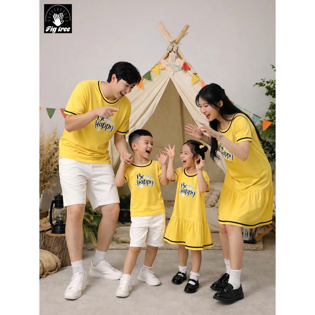 Đồ Gia Đình, Áo Thun Gia Đình Fig Tree, Set Thun Cotton Cổ Tròn Phối Viền, in hình BE HAPPY Cực Xinh