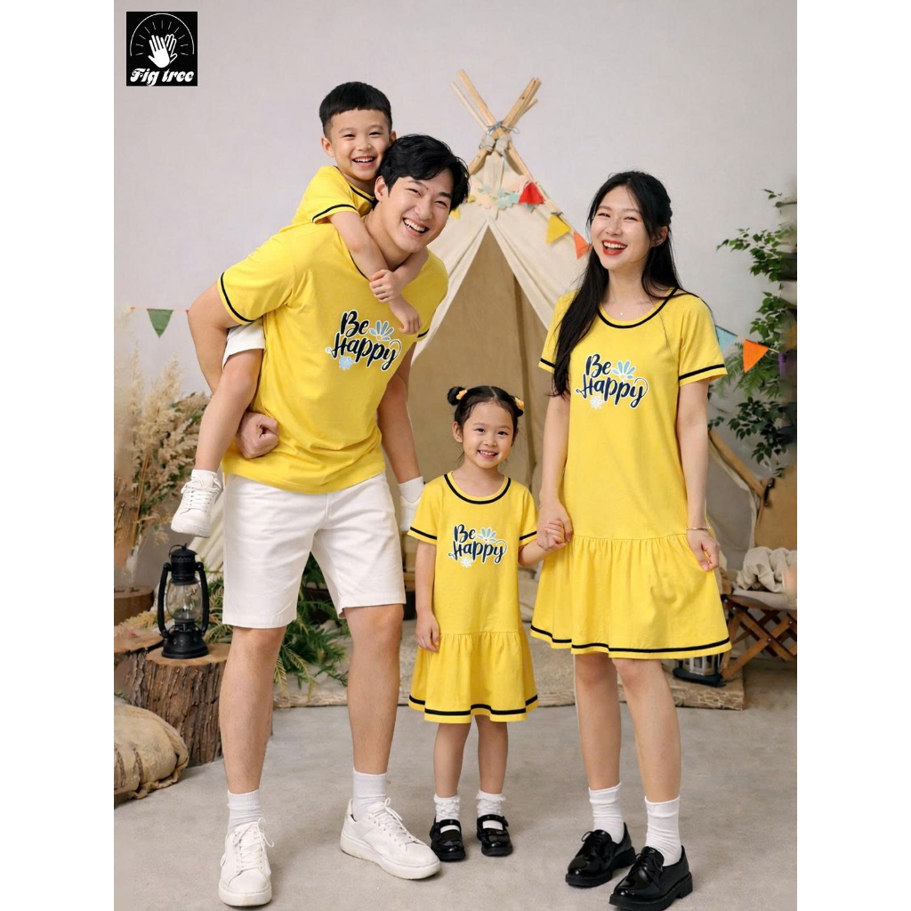 Đồ Gia Đình, Áo Thun Gia Đình Fig Tree, Set Thun Cotton Cổ Tròn Phối Viền, in hình BE HAPPY Cực Xinh