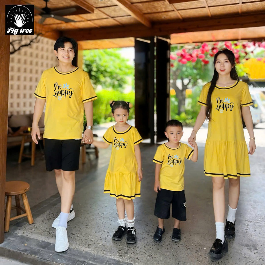 Đồ Gia Đình, Áo Thun Gia Đình Fig Tree, Set Thun Cotton Cổ Tròn Phối Viền, in hình BE HAPPY Cực Xinh