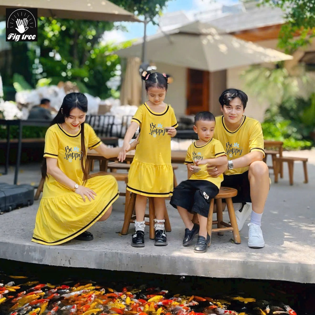 Đồ Gia Đình, Áo Thun Gia Đình Fig Tree, Set Thun Cotton Cổ Tròn Phối Viền, in hình BE HAPPY Cực Xinh