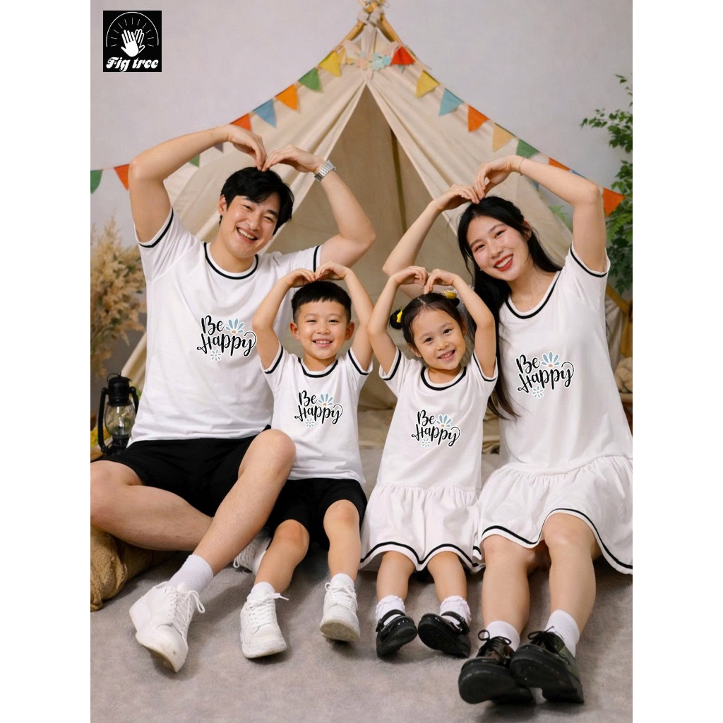 Đồ Gia Đình, Áo Thun Gia Đình Fig Tree, Set Thun Cotton Cổ Tròn Phối Viền, in hình BE HAPPY Cực Xinh