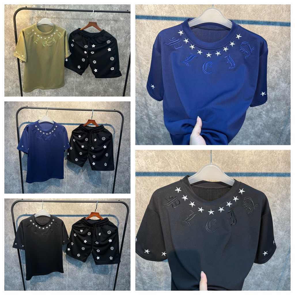 Áo thun nam nữ NGÔI SAO CHỮ THÁI THÊU & QUẦN HOA SAO chất cotton poly cotton co giãn, phong cách trẻ trung