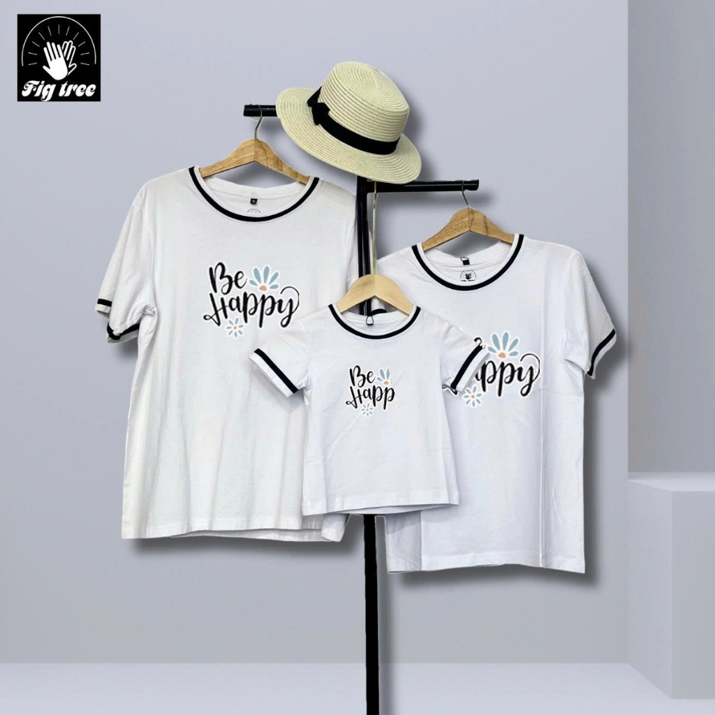 Áo Thun Gia Đình Fig Tree Màu Trắng Phối Viền Đen Năng Động, in Be Happy Siêu Cưng Cho Gia Đình