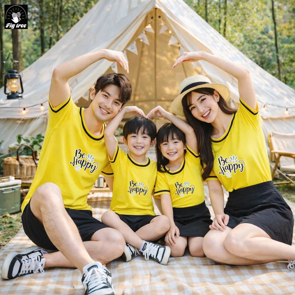 Áo Thun Gia Đình FIGTREE Màu Vàng Viền In Hình BE HAPPY Siêu Dễ Thương, Thun Cotton Dày Dặn, mềm Mát