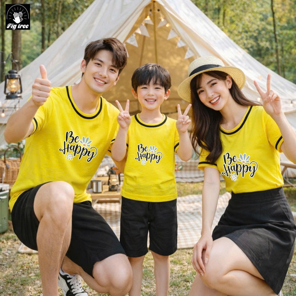 Áo Thun Gia Đình FIGTREE Màu Vàng Viền In Hình BE HAPPY Siêu Dễ Thương, Thun Cotton Dày Dặn, mềm Mát