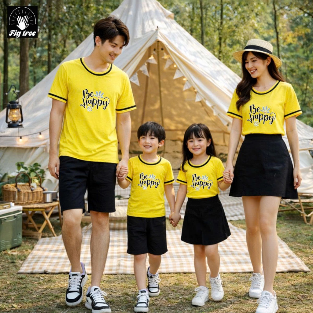 Áo Thun Gia Đình FIGTREE Màu Vàng Viền In Hình BE HAPPY Siêu Dễ Thương, Thun Cotton Dày Dặn, mềm Mát